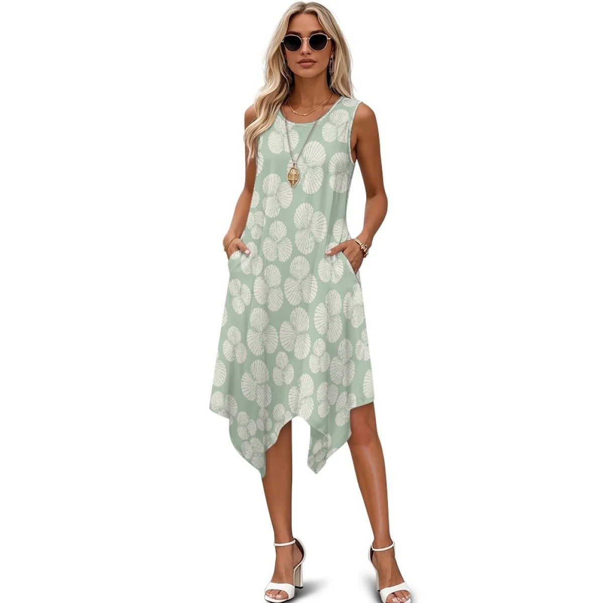 Custom All-Over Print Women's Sleeveless Irregular Hem Dress - High-Low Vacation Gown with Pockets
