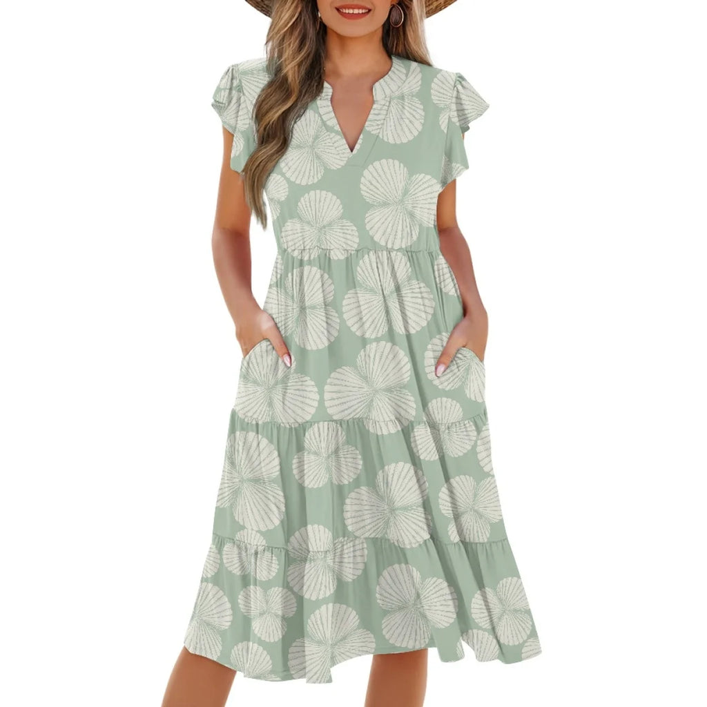 Custom All-Over Print Women's V-Neck Flutter Sleeve Dress - Elastic Waist Midi Gown with Pockets
