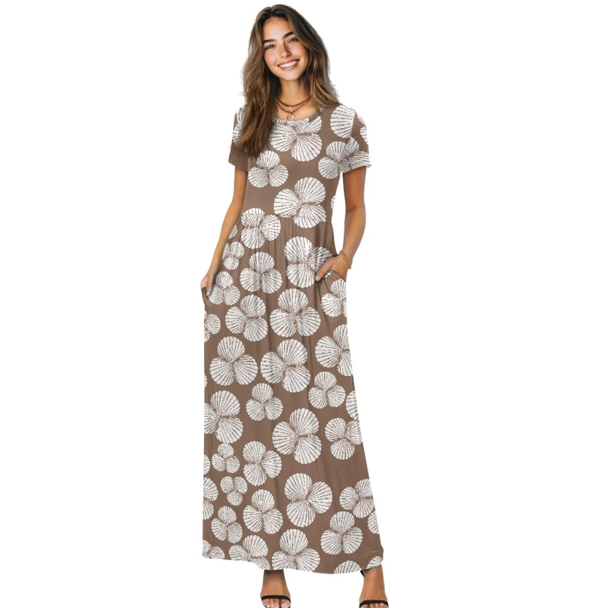 Custom All-Over Print Women's Short Sleeve Maxi Dress - High-Stretch Casual Flowy Gown with Pockets