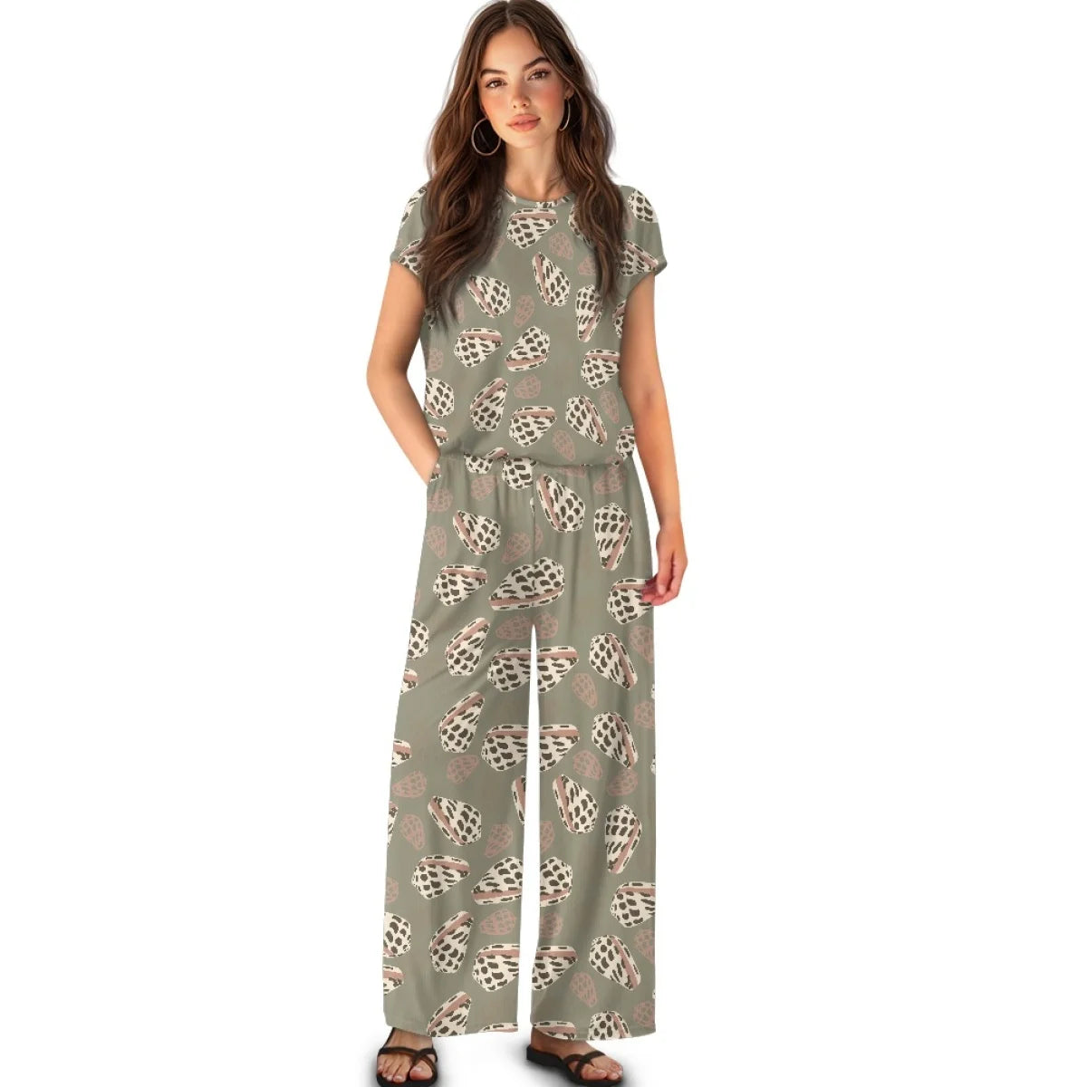 Custom All-Over Print Women's Short Sleeve Wide-Leg Pants Set - Textured Corduroy