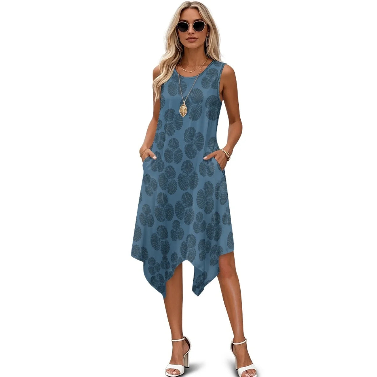 Custom All-Over Print Women's Sleeveless Irregular Hem Dress - High-Low Vacation Gown with Pockets
