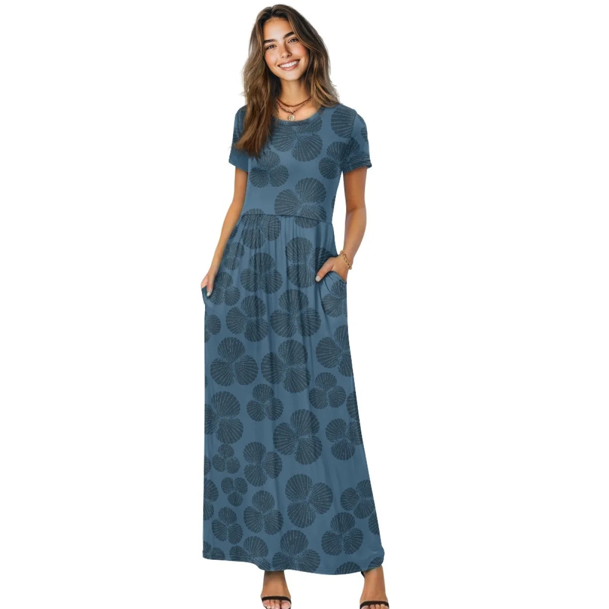 Custom All-Over Print Women's Short Sleeve Maxi Dress - High-Stretch Casual Flowy Gown with Pockets