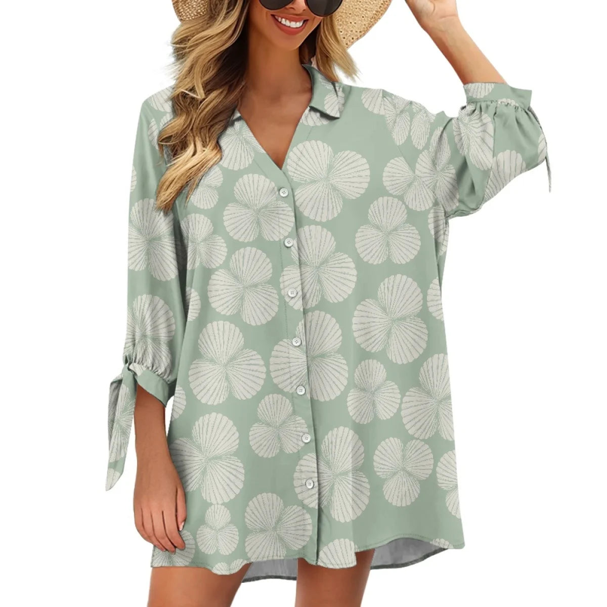 Custom All-Over Print Women's 3/4 Sleeve Shirt Dress - Versatile Beach Cover-up & Sun Protector