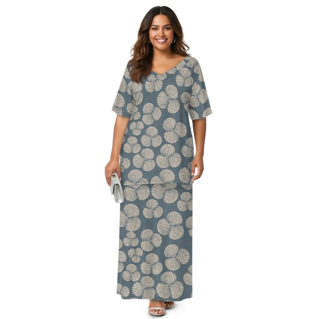 Custom All-Over Print Women's 2-Piece Resort Set - V-Neck Half Sleeve Top & Maxi Skirt