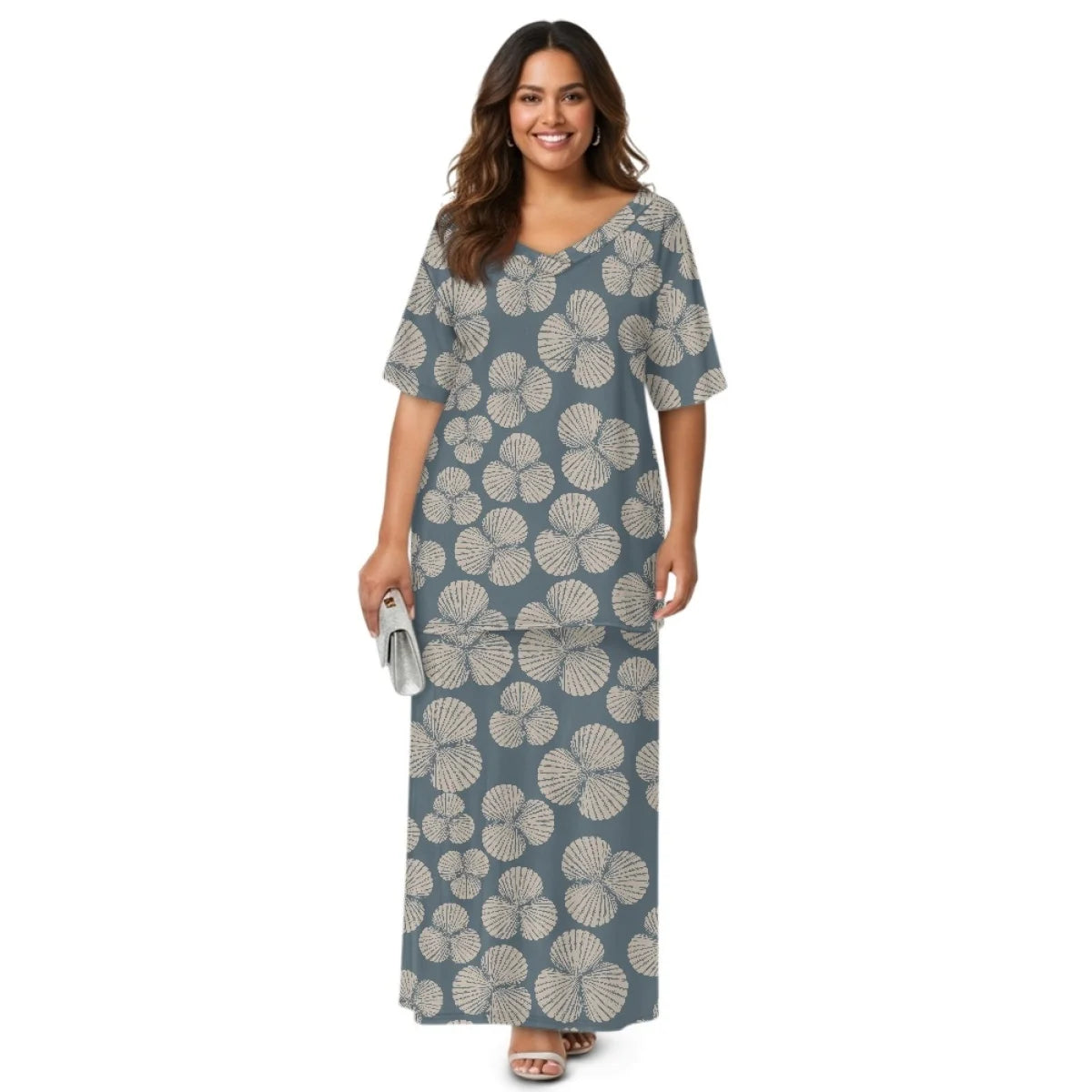 Custom All-Over Print Women's 2-Piece Resort Set - V-Neck Half Sleeve Top & Maxi Skirt
