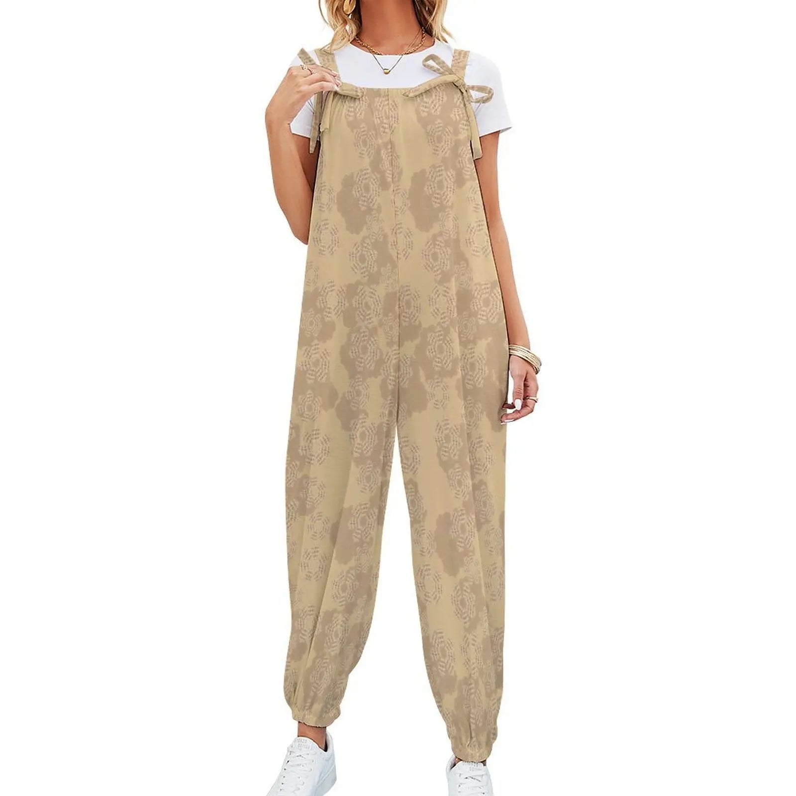 Custom All-Over Print Women's Bow Strap Jumpsuit - Relaxed Cuffed Jogger Romper with Pockets