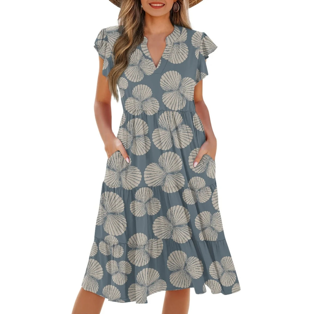 Custom All-Over Print Women's V-Neck Flutter Sleeve Dress - Elastic Waist Midi Gown with Pockets