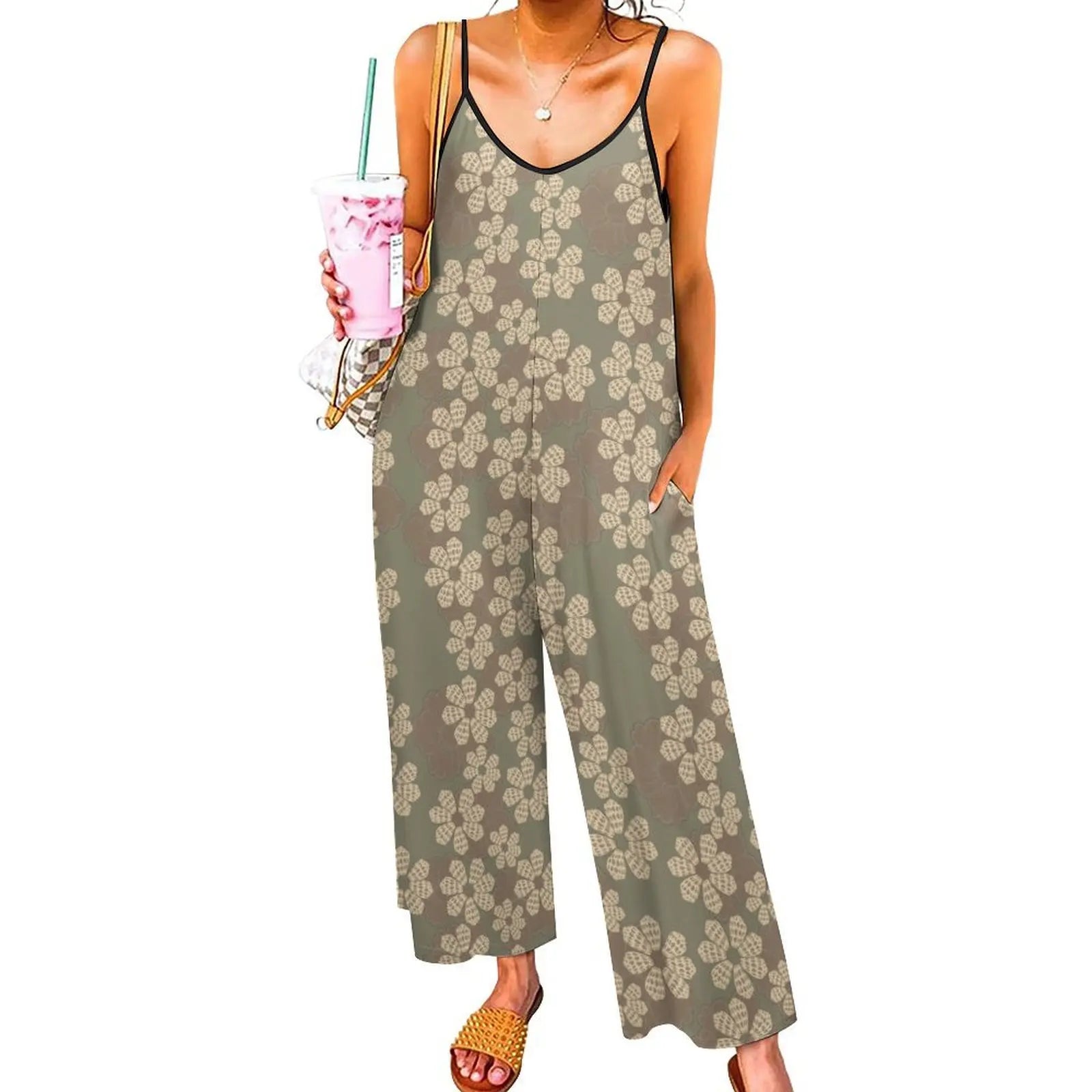 Custom All-Over Print Women's Dual V-Neck Camisole Jumpsuit - High-Waist Wide-Leg Romper with Pockets