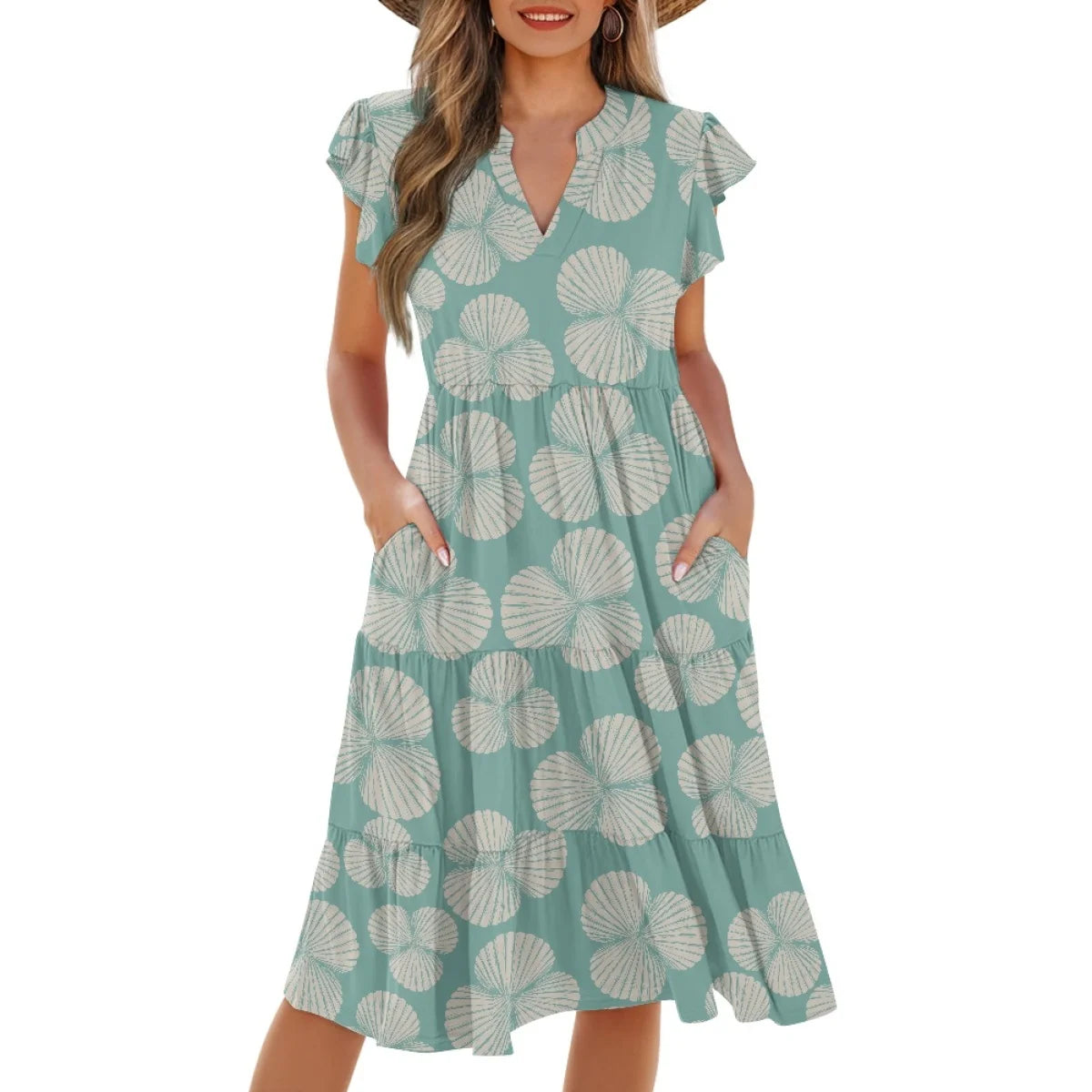 Custom All-Over Print Women's V-Neck Flutter Sleeve Dress - Elastic Waist Midi Gown with Pockets