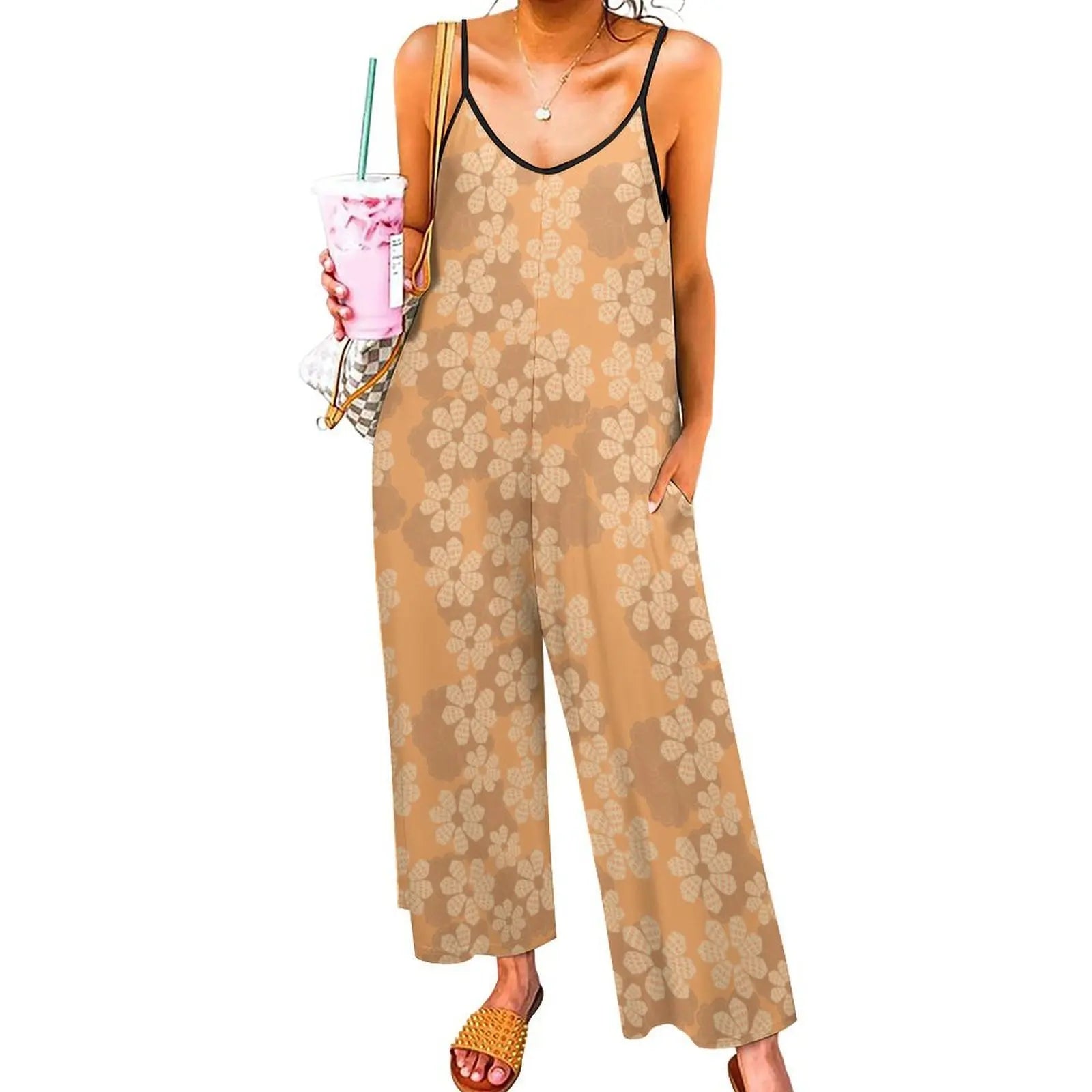 Custom All-Over Print Women's Dual V-Neck Camisole Jumpsuit - High-Waist Wide-Leg Romper with Pockets