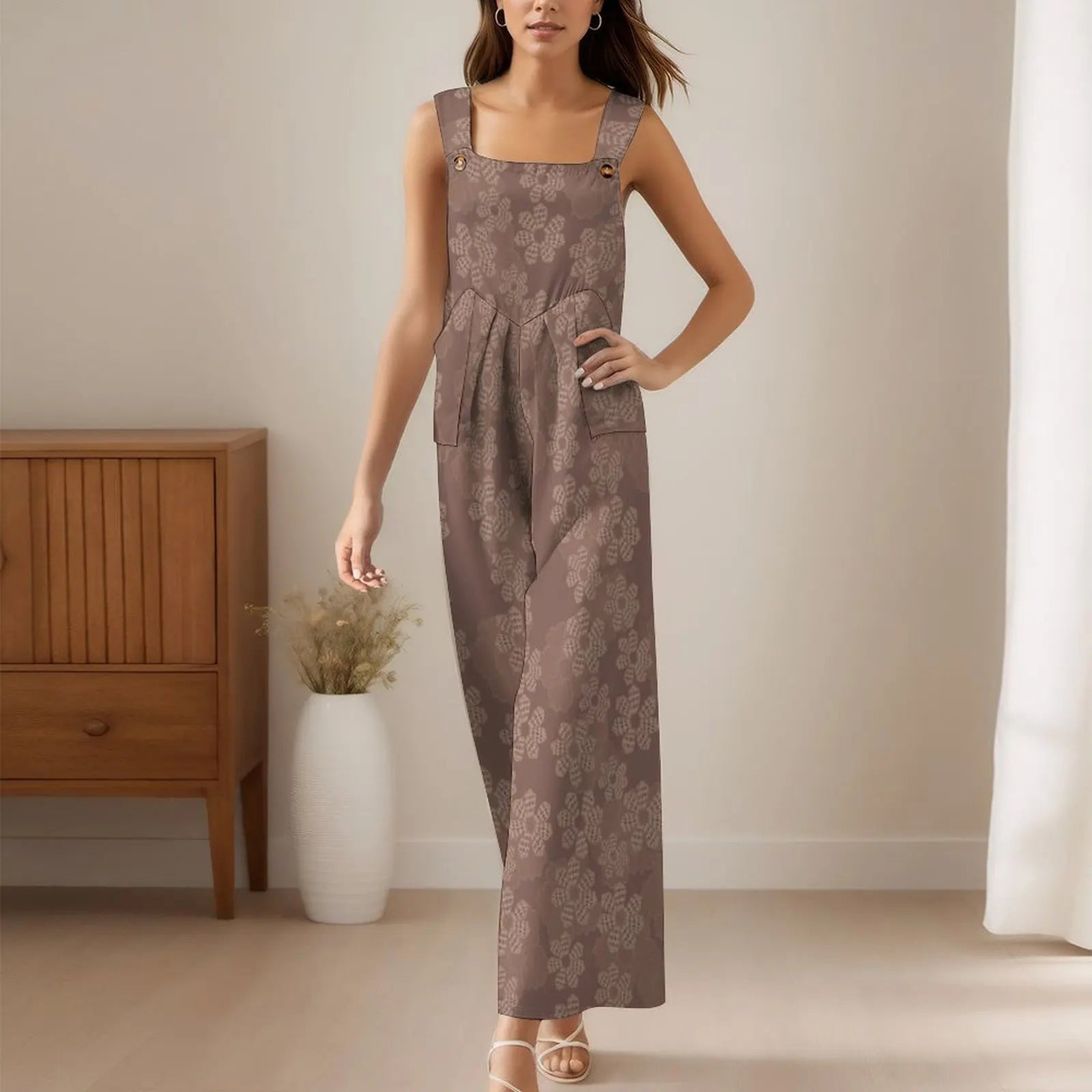 Custom All-Over Print Women's Camisole Wide-Leg Jumpsuit - Relaxed Square Neck Romper with Pockets