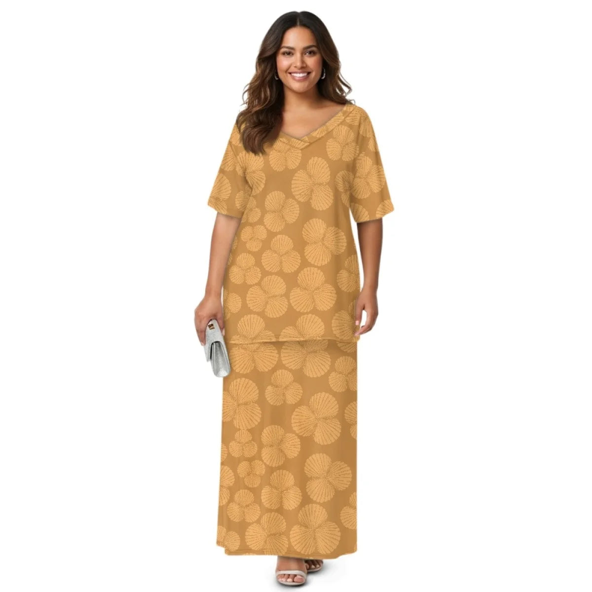 Custom All-Over Print Women's 2-Piece Resort Set - V-Neck Half Sleeve Top & Maxi Skirt