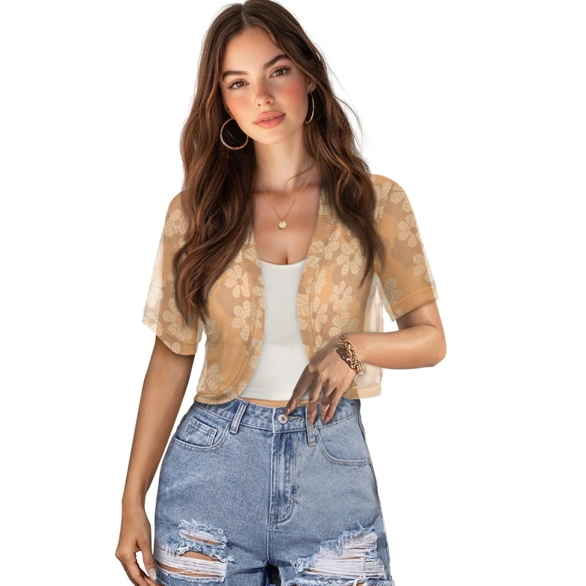 Custom All-Over Print Women's Crop Mesh Cardigan - Sheer V-Neck Sun Protection Shrug