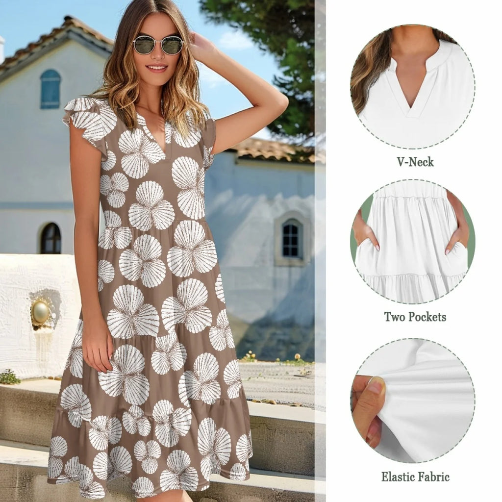 Custom All-Over Print Women's V-Neck Flutter Sleeve Dress - Elastic Waist Midi Gown with Pockets