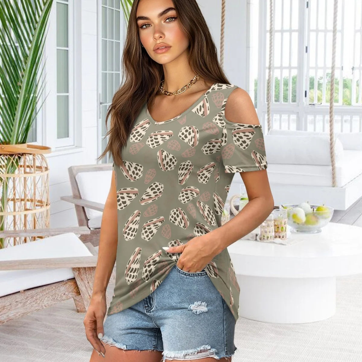 Custom All-Over Print Women's Off-Shoulder T-Shirt - Chic V-Neck Summer Top