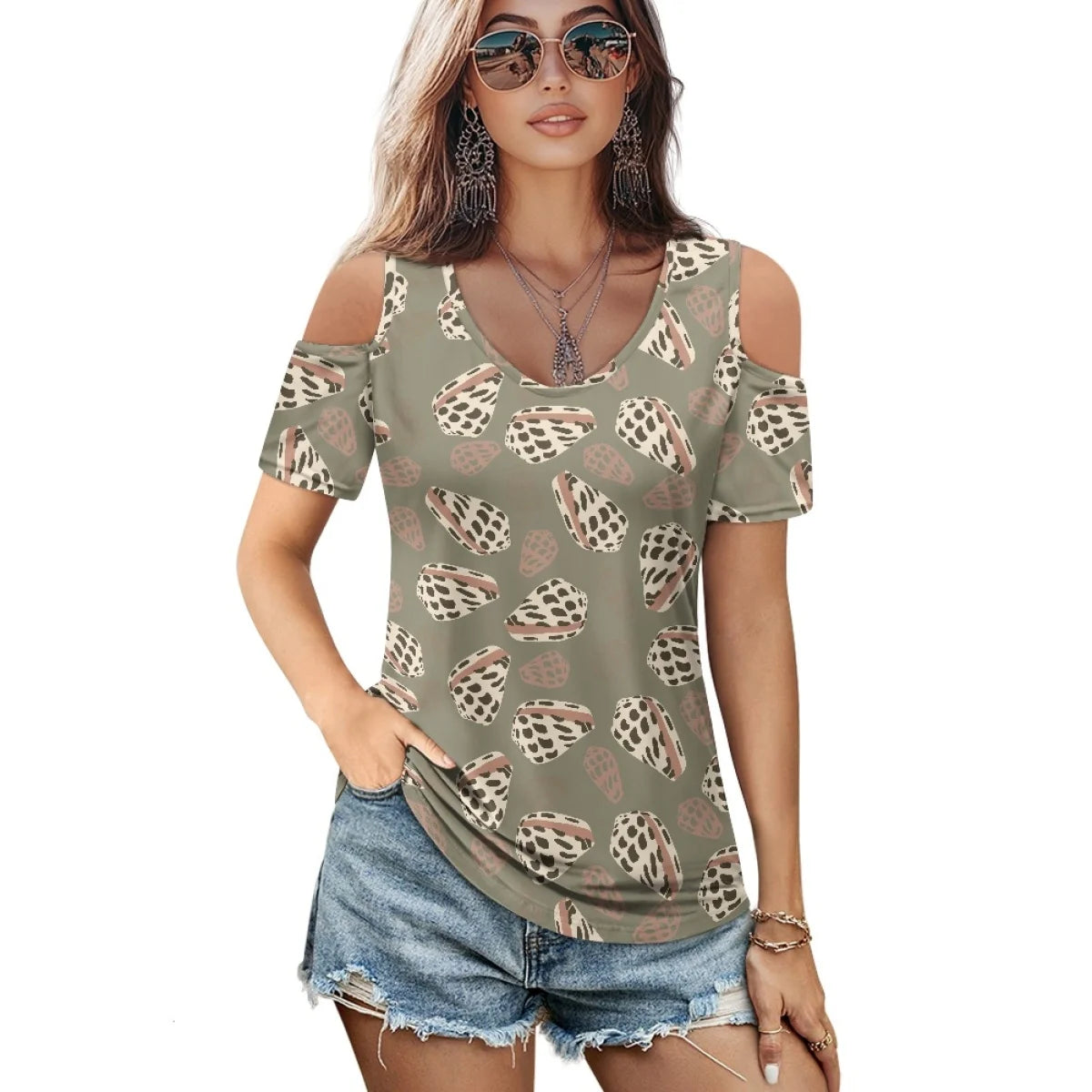 Custom All-Over Print Women's Off-Shoulder T-Shirt - Chic V-Neck Summer Top