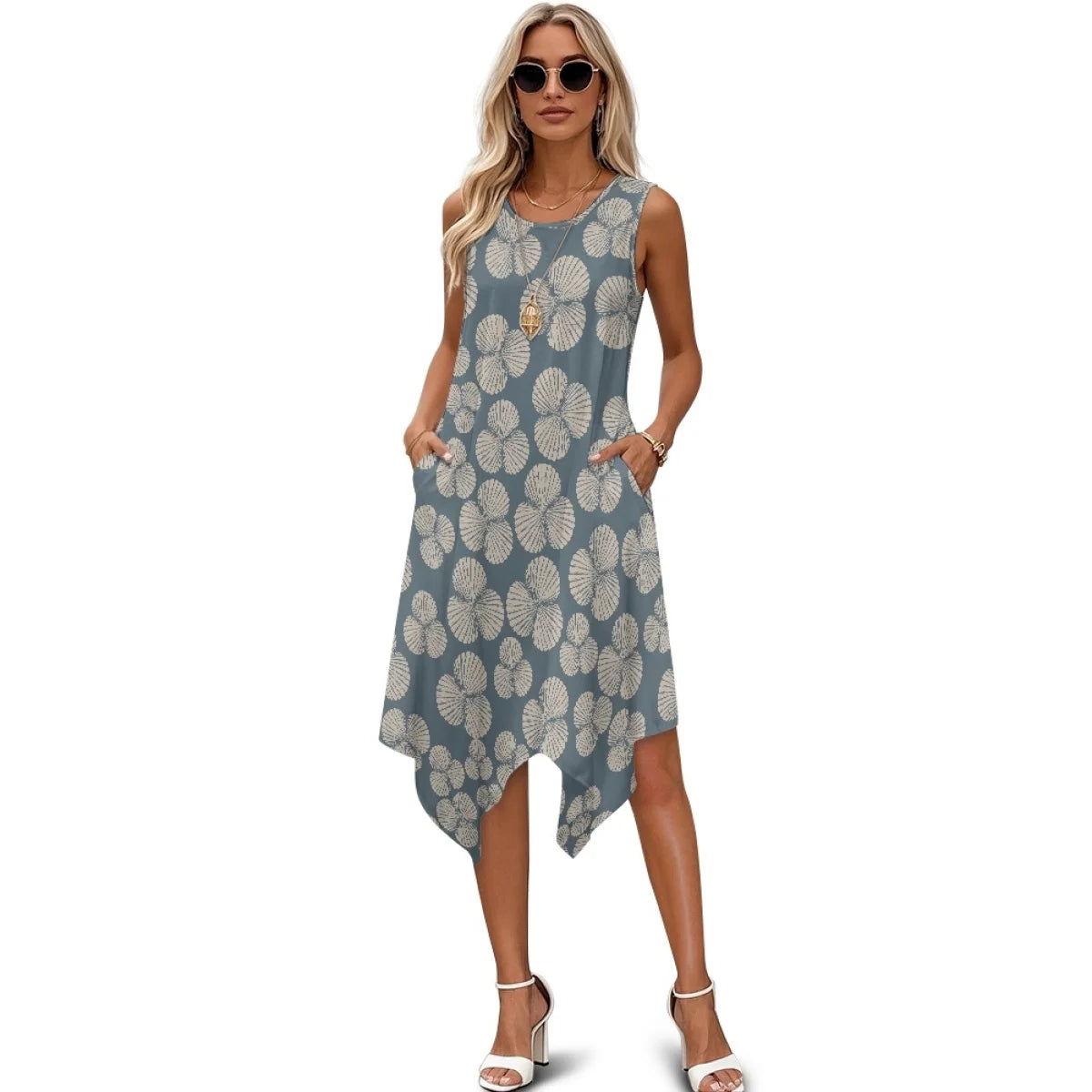 Custom All-Over Print Women's Sleeveless Irregular Hem Dress - High-Low Vacation Gown with Pockets