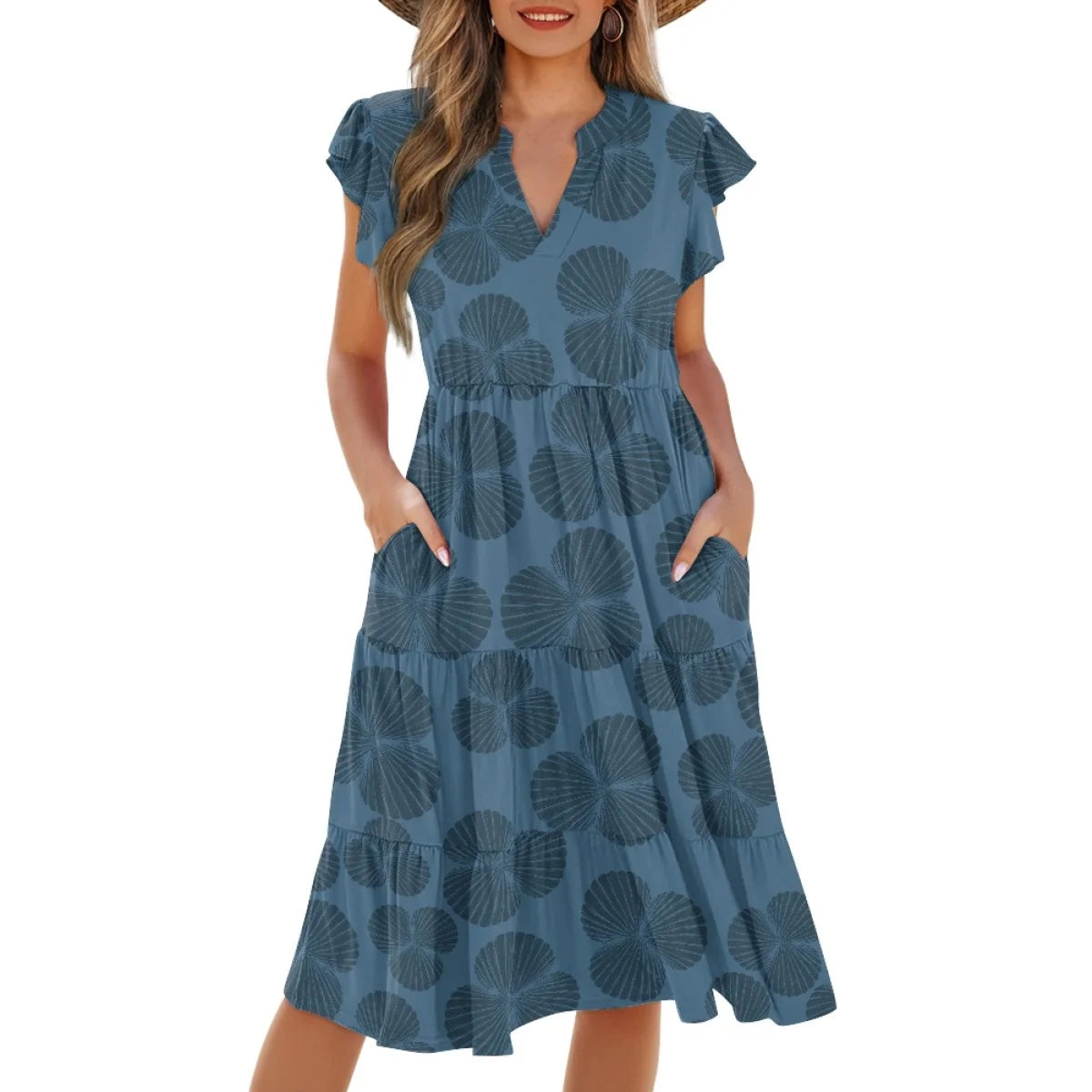 Custom All-Over Print Women's V-Neck Flutter Sleeve Dress - Elastic Waist Midi Gown with Pockets