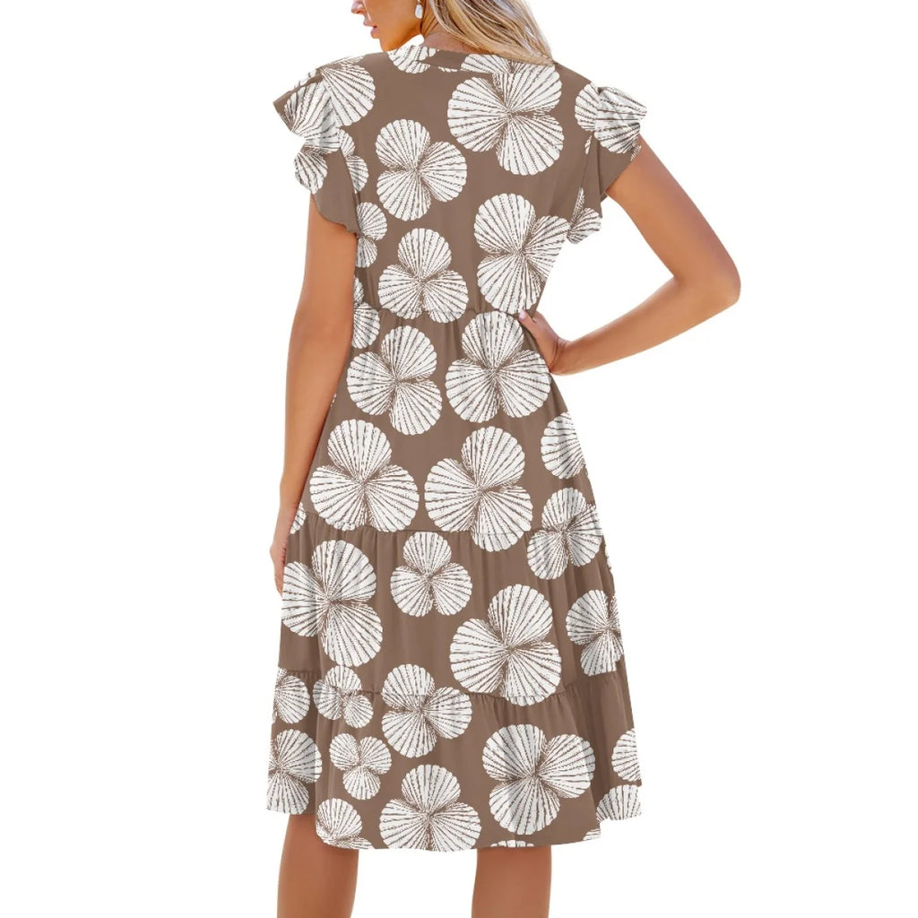 Custom All-Over Print Women's V-Neck Flutter Sleeve Dress - Elastic Waist Midi Gown with Pockets