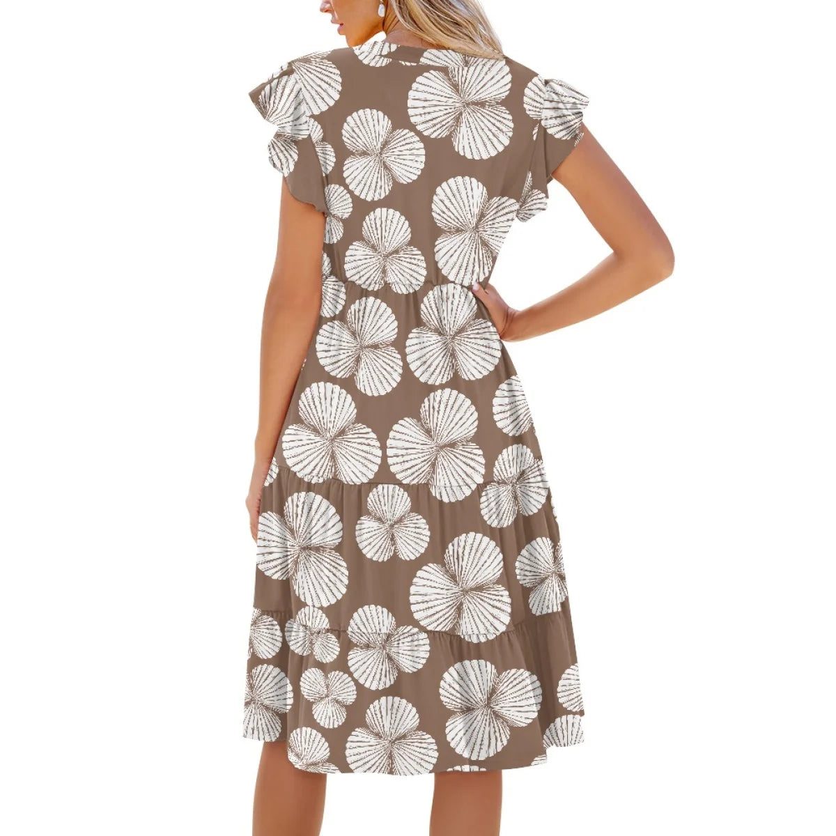 Custom All-Over Print Women's V-Neck Flutter Sleeve Dress - Elastic Waist Midi Gown with Pockets