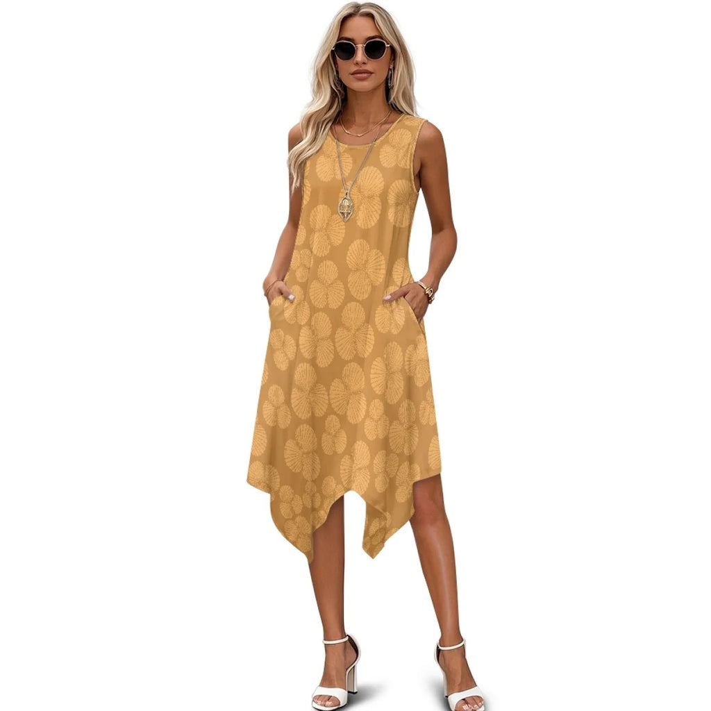 Custom All-Over Print Women's Sleeveless Irregular Hem Dress - High-Low Vacation Gown with Pockets