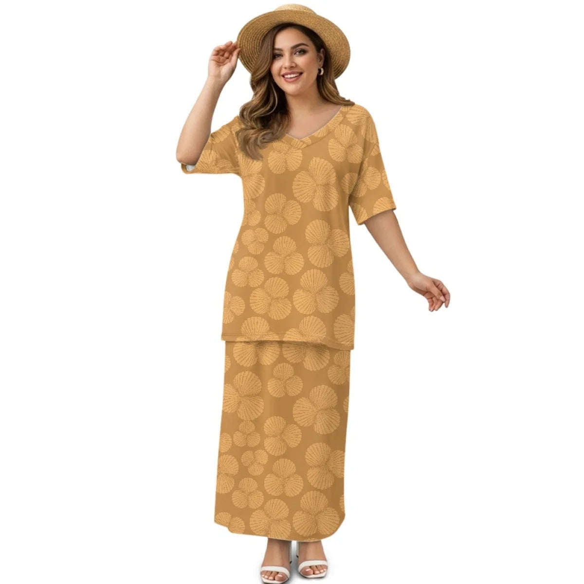 Custom All-Over Print Women's 2-Piece Resort Set - V-Neck Half Sleeve Top & Maxi Skirt