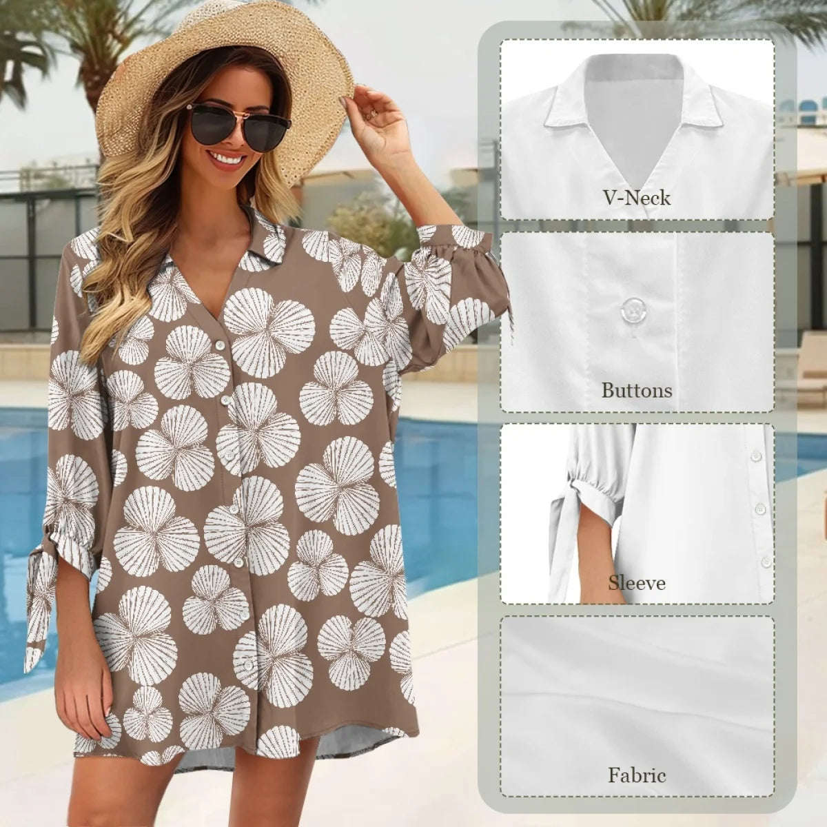 Custom All-Over Print Women's 3/4 Sleeve Shirt Dress - Versatile Beach Cover-up & Sun Protector