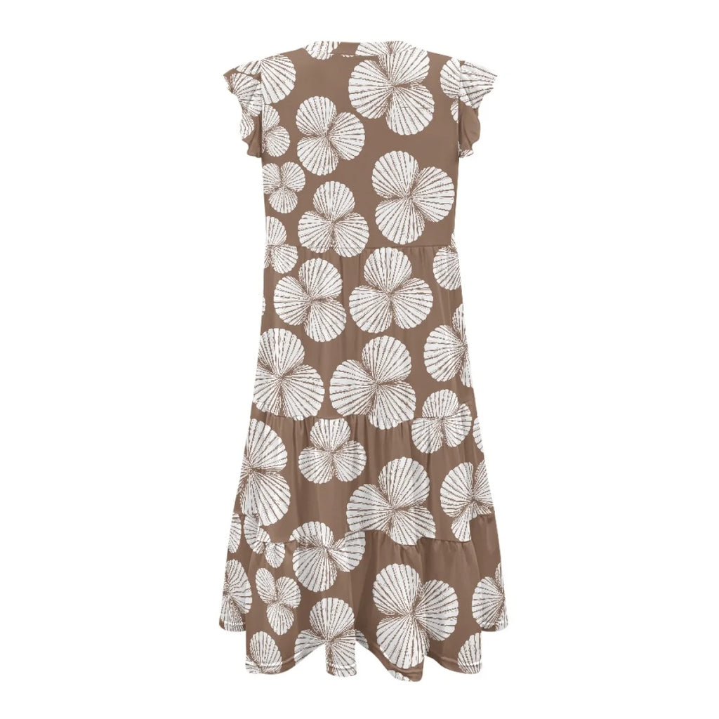 Custom All-Over Print Women's V-Neck Flutter Sleeve Dress - Elastic Waist Midi Gown with Pockets