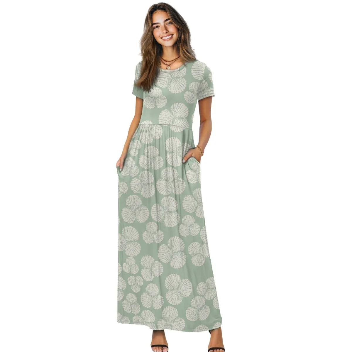 Custom All-Over Print Women's Short Sleeve Maxi Dress - High-Stretch Casual Flowy Gown with Pockets