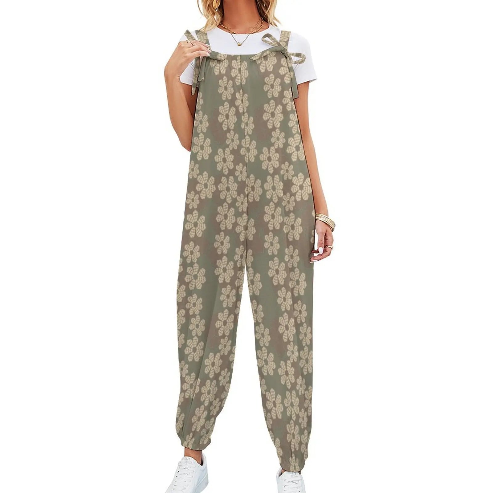 Custom All-Over Print Women's Bow Strap Jumpsuit - Relaxed Cuffed Jogger Romper with Pockets