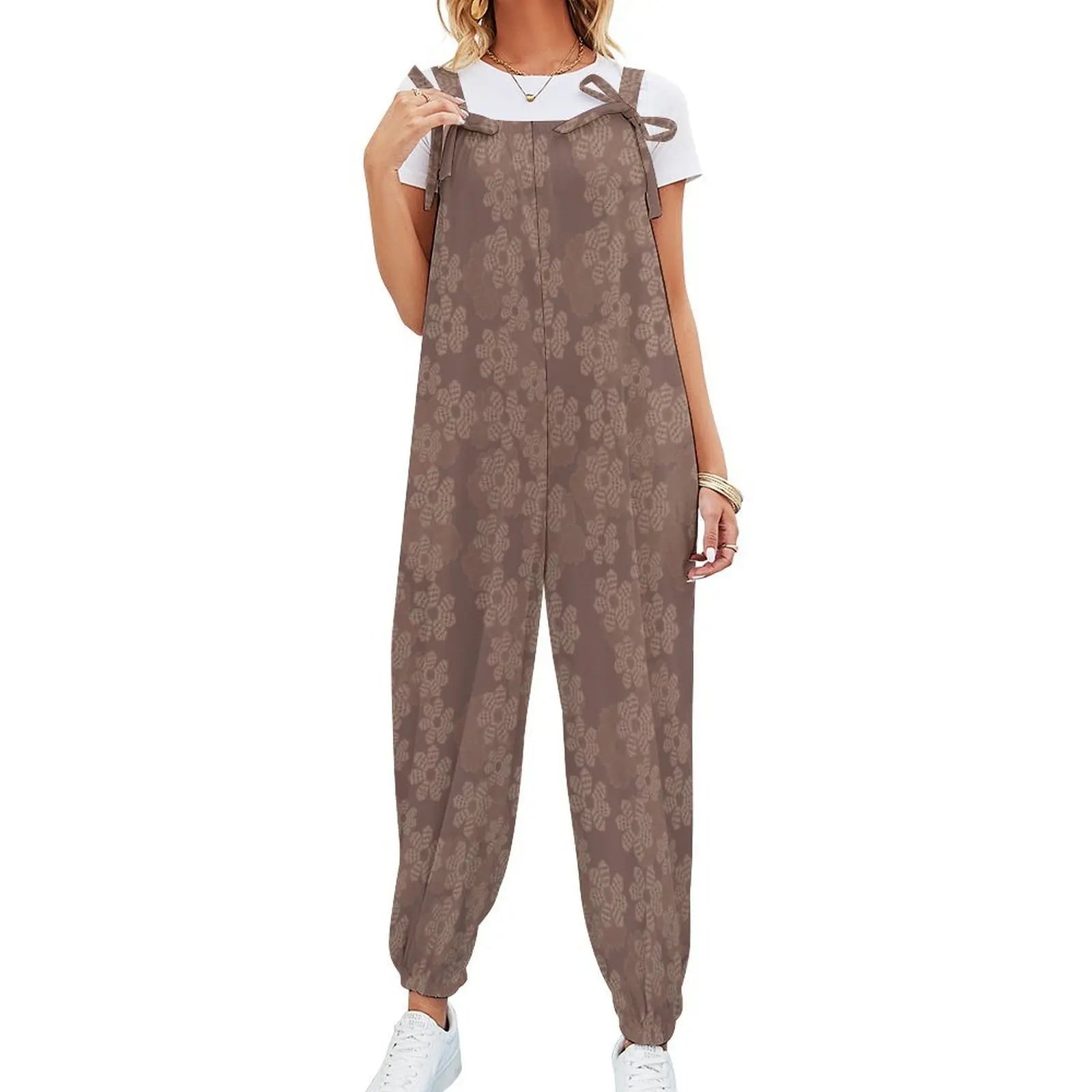 Custom All-Over Print Women's Bow Strap Jumpsuit - Relaxed Cuffed Jogger Romper with Pockets
