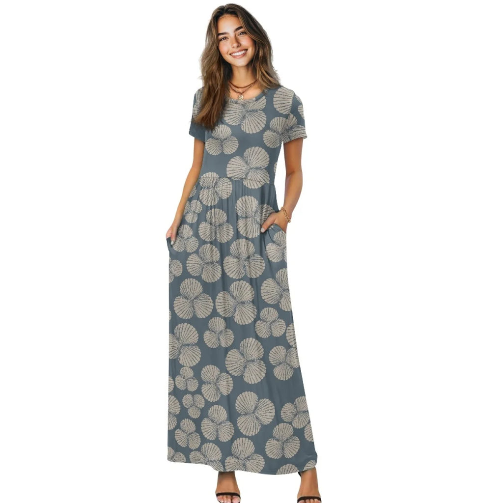 Custom All-Over Print Women's Short Sleeve Maxi Dress - High-Stretch Casual Flowy Gown with Pockets