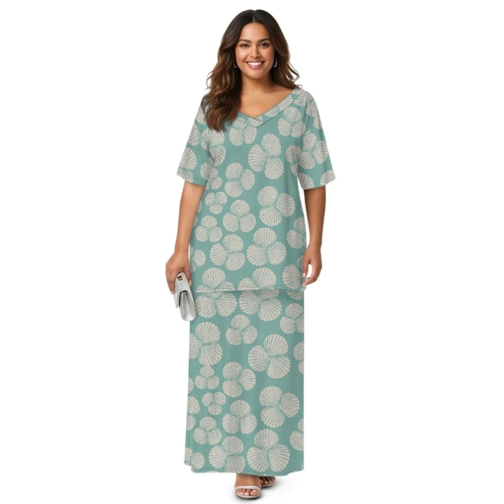 Custom All-Over Print Women's 2-Piece Resort Set - V-Neck Half Sleeve Top & Maxi Skirt