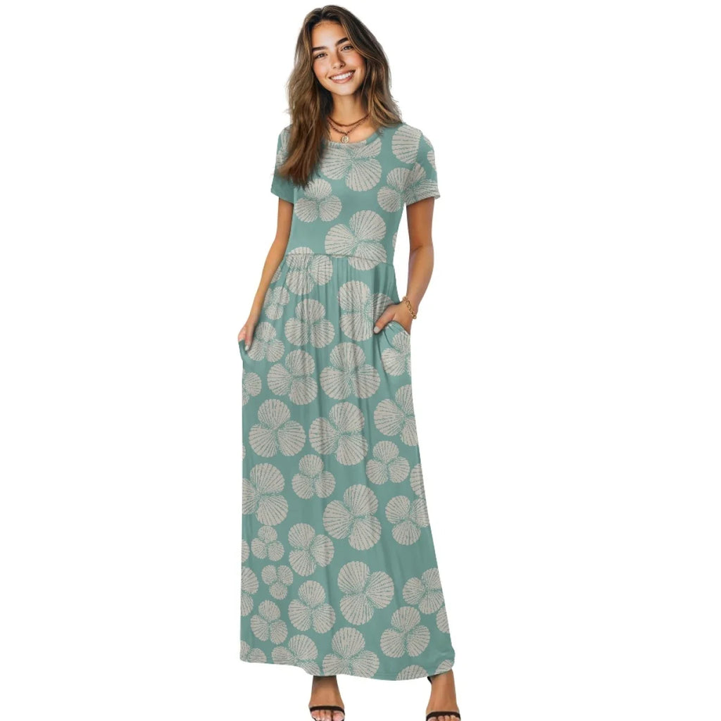 Custom All-Over Print Women's Short Sleeve Maxi Dress - High-Stretch Casual Flowy Gown with Pockets