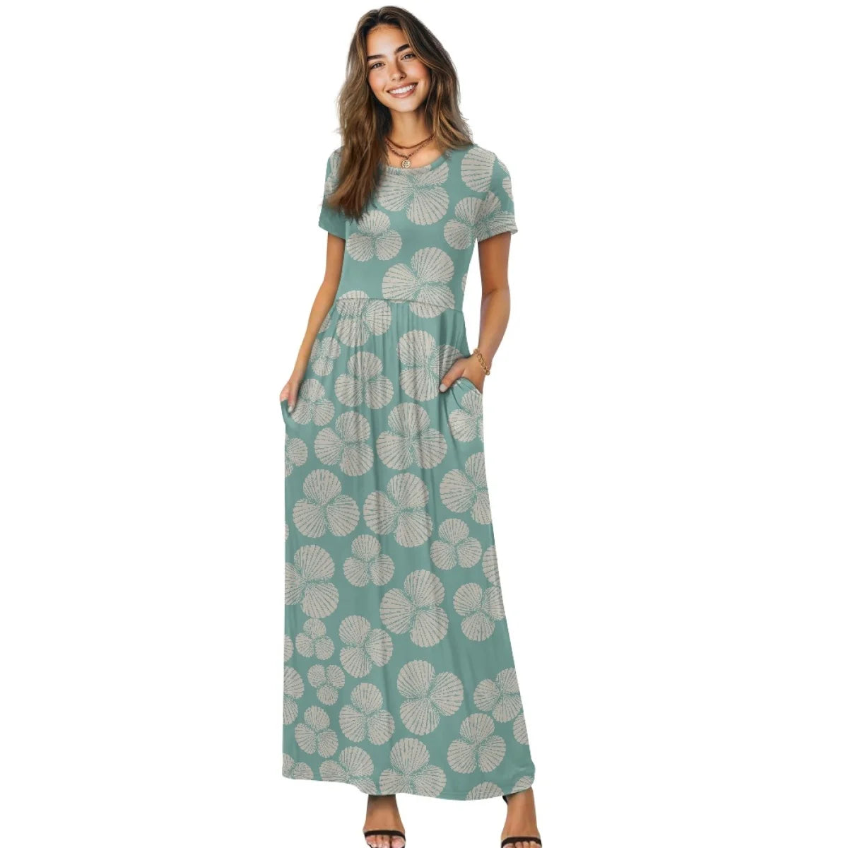Custom All-Over Print Women's Short Sleeve Maxi Dress - High-Stretch Casual Flowy Gown with Pockets