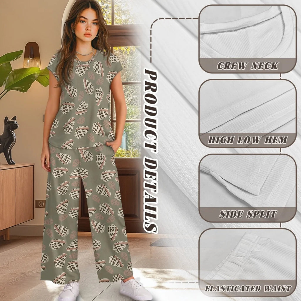 Custom All-Over Print Women's Short Sleeve Wide-Leg Pants Set - Textured Corduroy