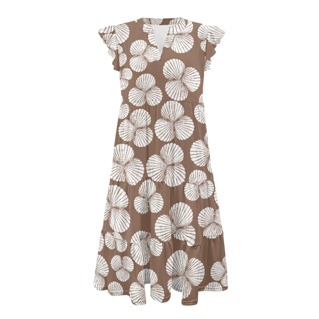 Custom All-Over Print Women's V-Neck Flutter Sleeve Dress - Elastic Waist Midi Gown with Pockets